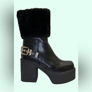 Faux Fur Ankle High Heeled Platform Buckle Boots
